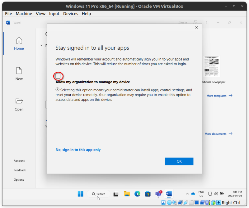 A "Stay signed in to all your apps" dialogue reading "Windows will remember your account and automatically sign you in to your apps and websites on this device." There is a checkbox labelled "Allow my organisation to manage my device" which is checked by default but is *NOT* checked in the diagram; it is highlighted to indicate to UNcheck the checkbox.